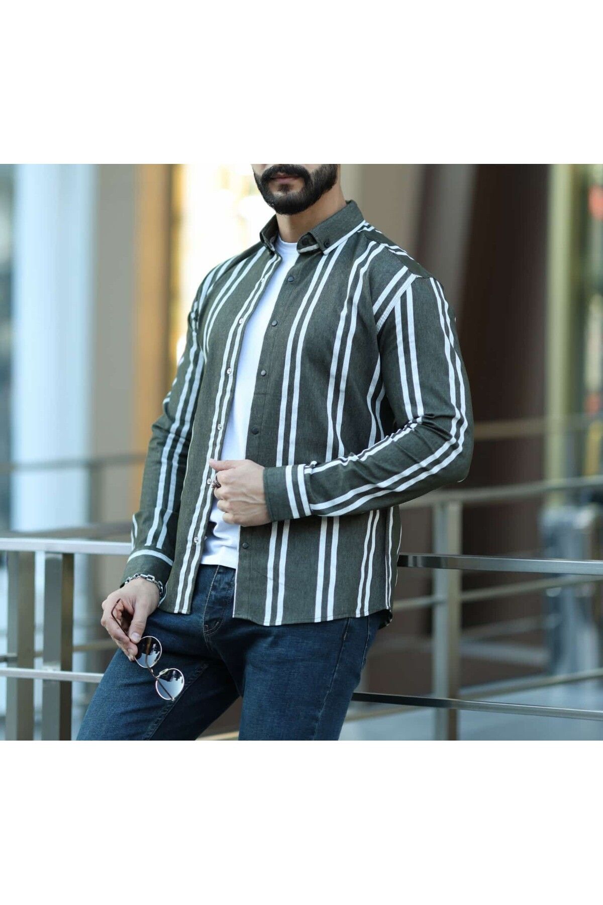 DEFES %100 Pamuk Denim Uzun Kollu Çizgili Erkek Gömlek