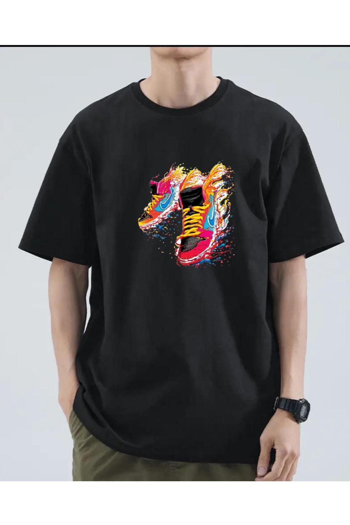 exans moda siyah ayakkabı basklı unisex oversize tshirt