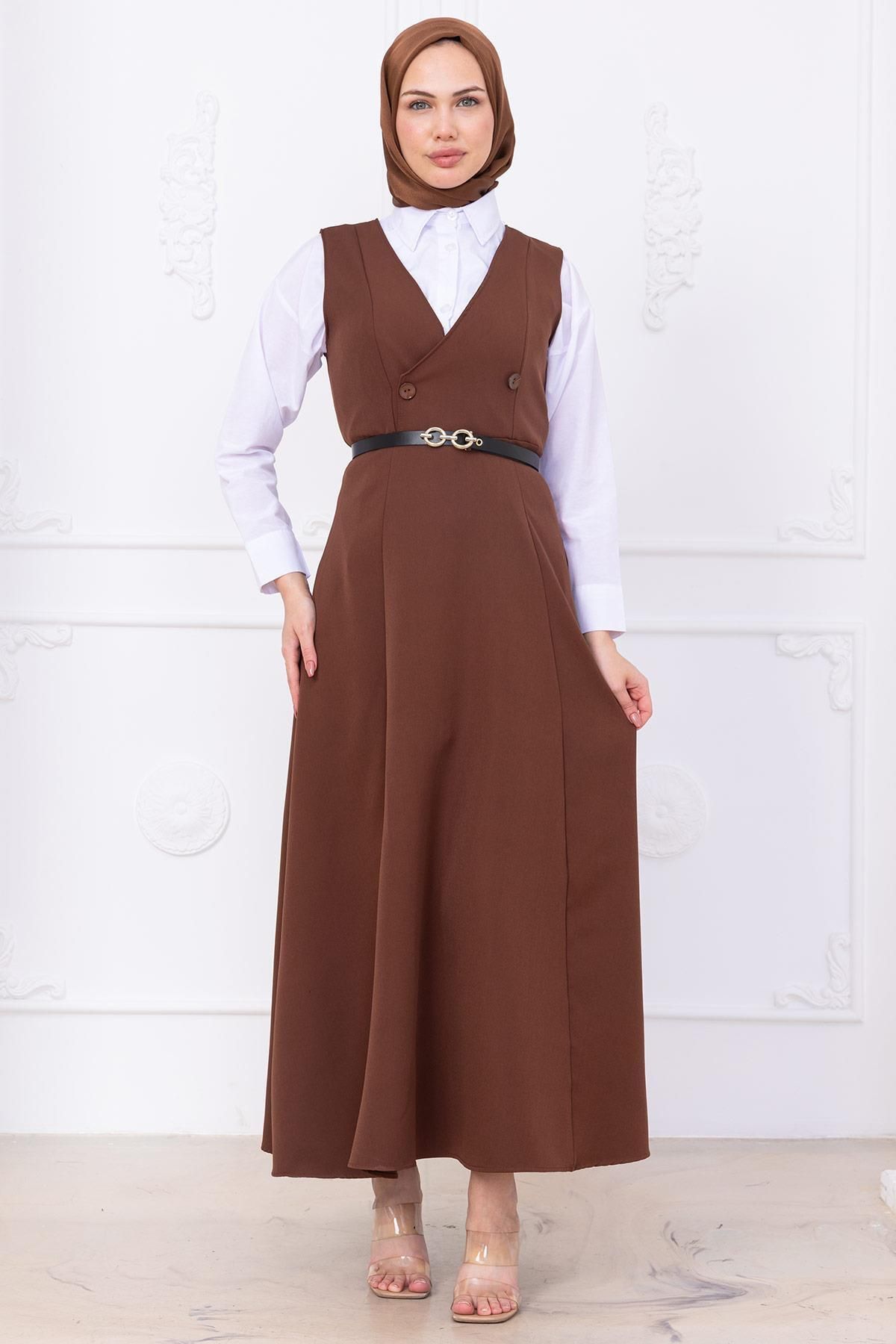 hafsamina Kemerli Düğmeli Jile Kahverengi HM2741