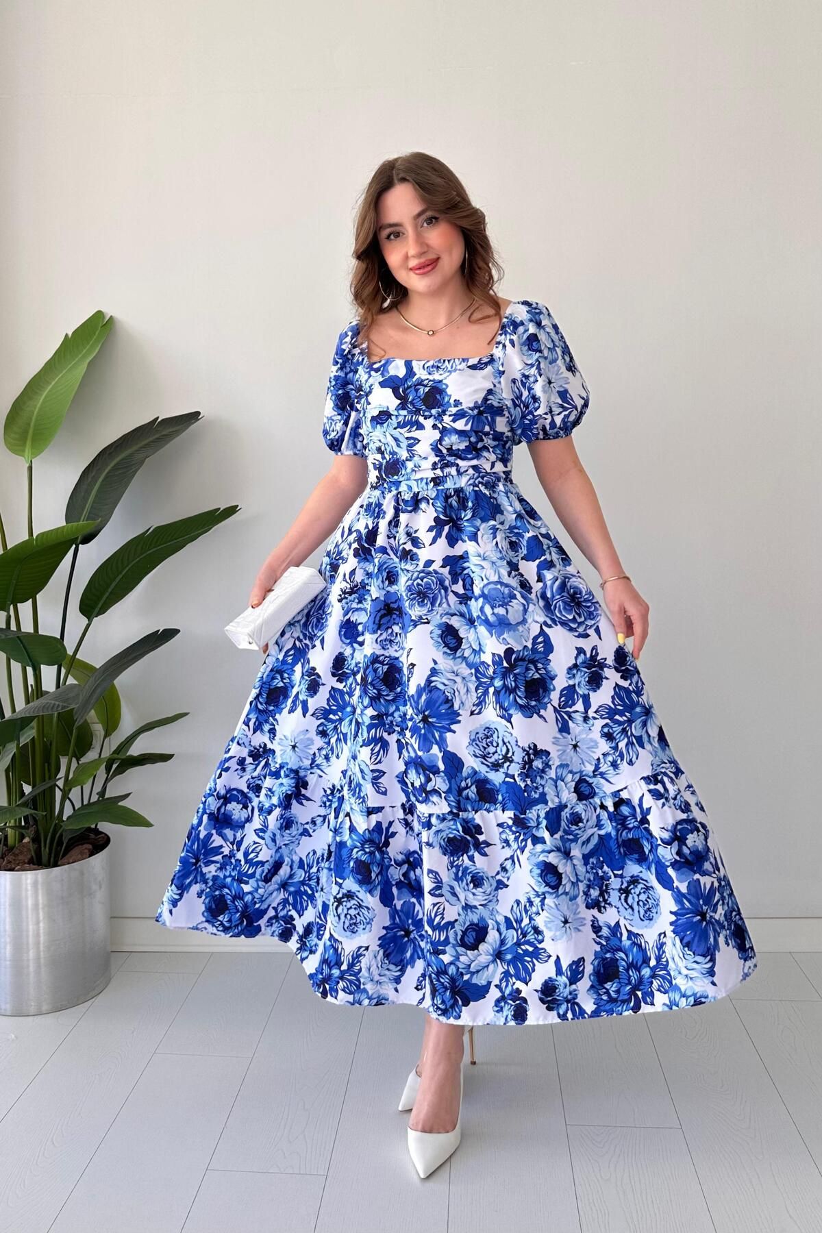 MaziButik Şakayık Poplin Elbise Mavi