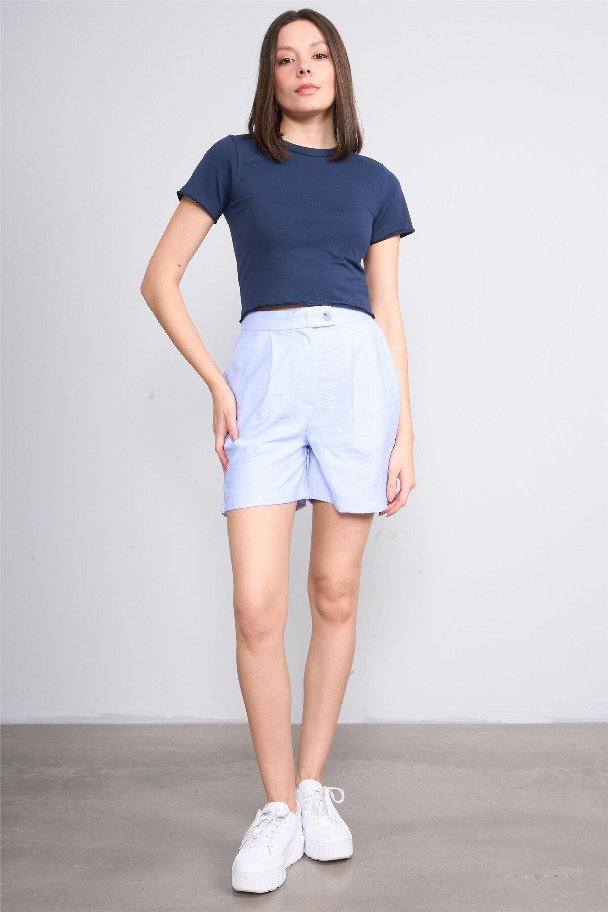 FİTHİT Çetinkaya Fithit 8506 Bisiklet Yaka 30/1 Likralı Süprem Crop T-shirt Lacivert