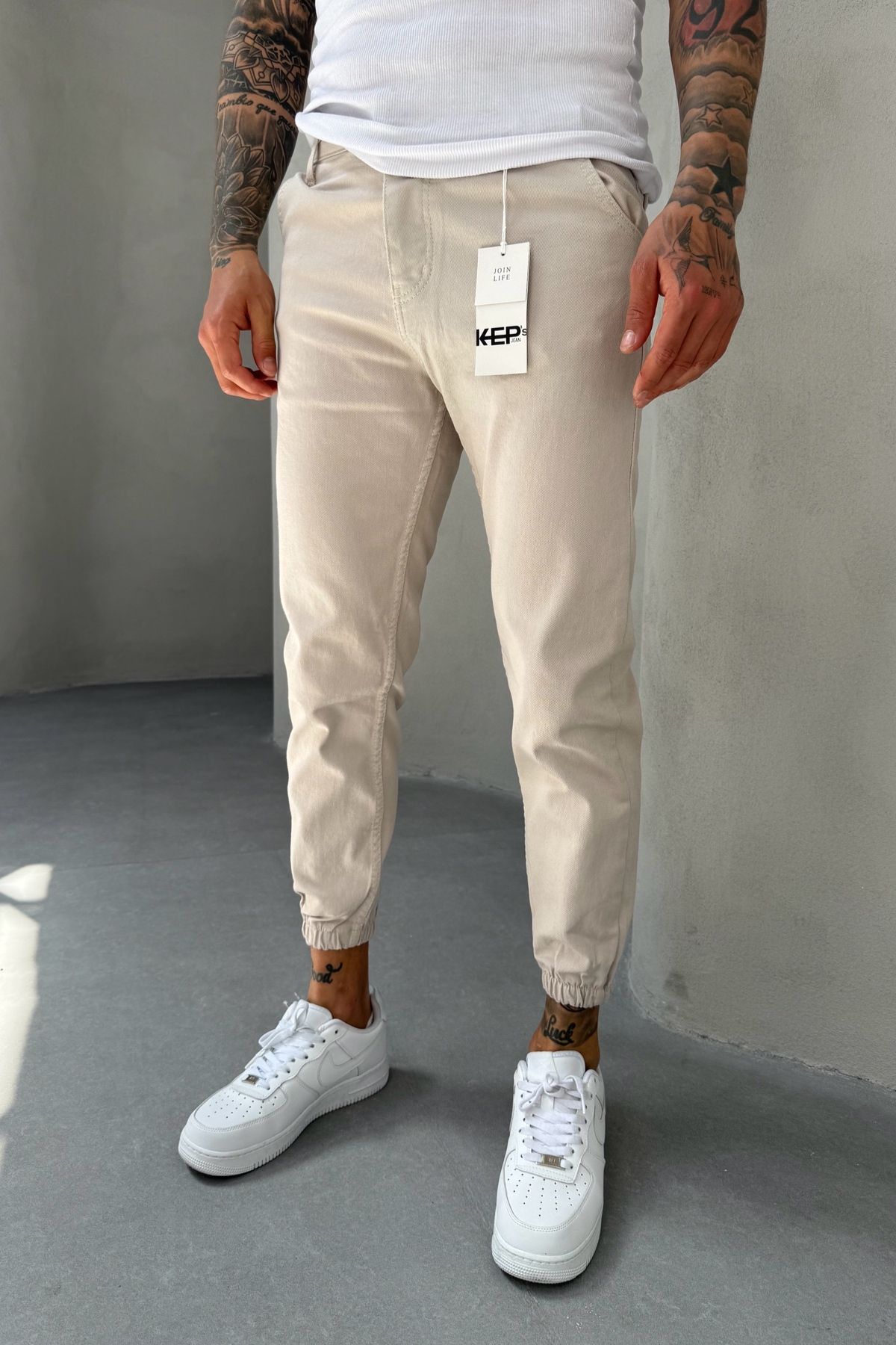 MADZEYMODA Paça Lastik Likralı Denim Kumaş Erkek Bej Jean Kot Pantolon KE-436