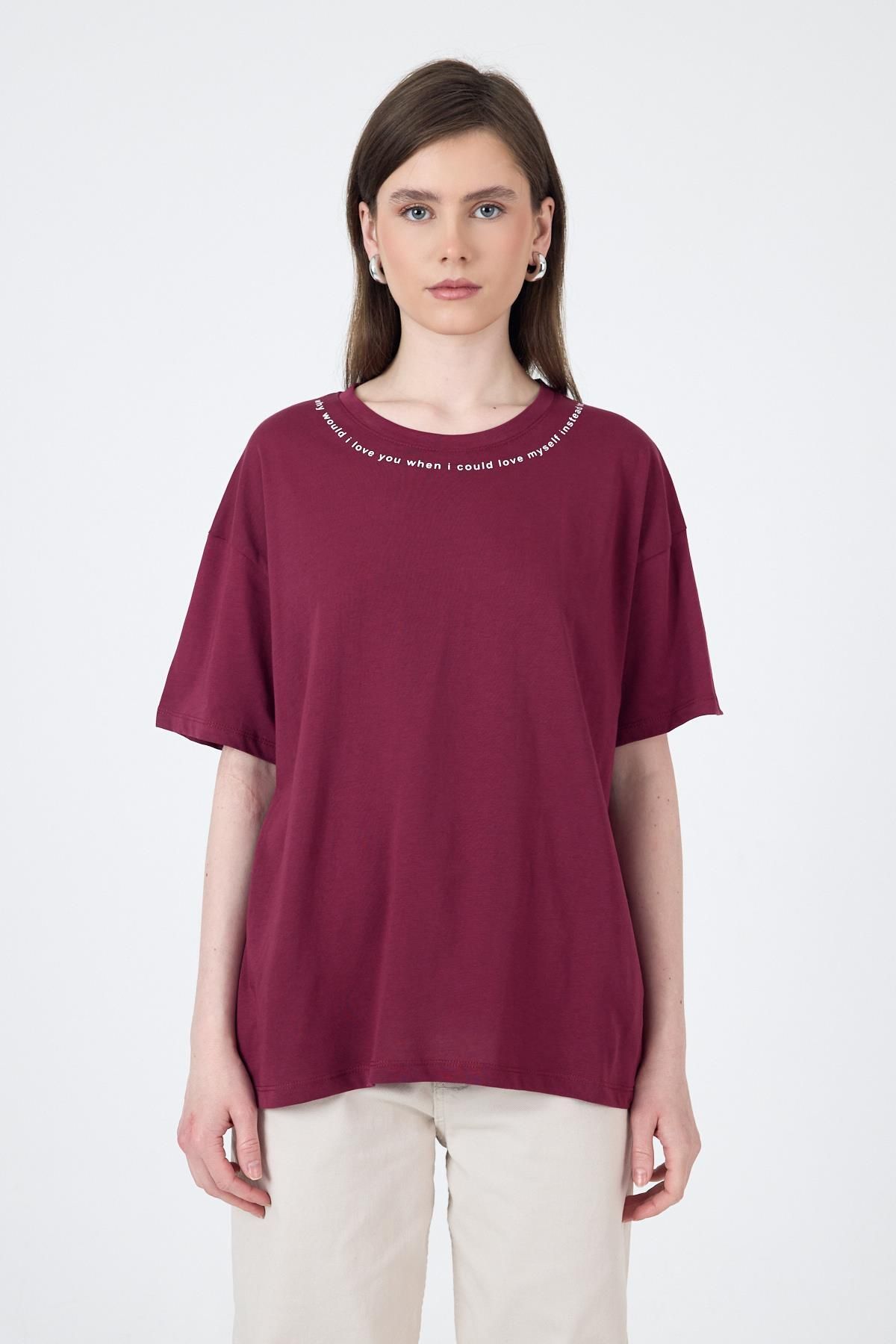 Rays Bordo Yaka Yazı Baskılı Oversize Pamuklu Tişört 2150-34M