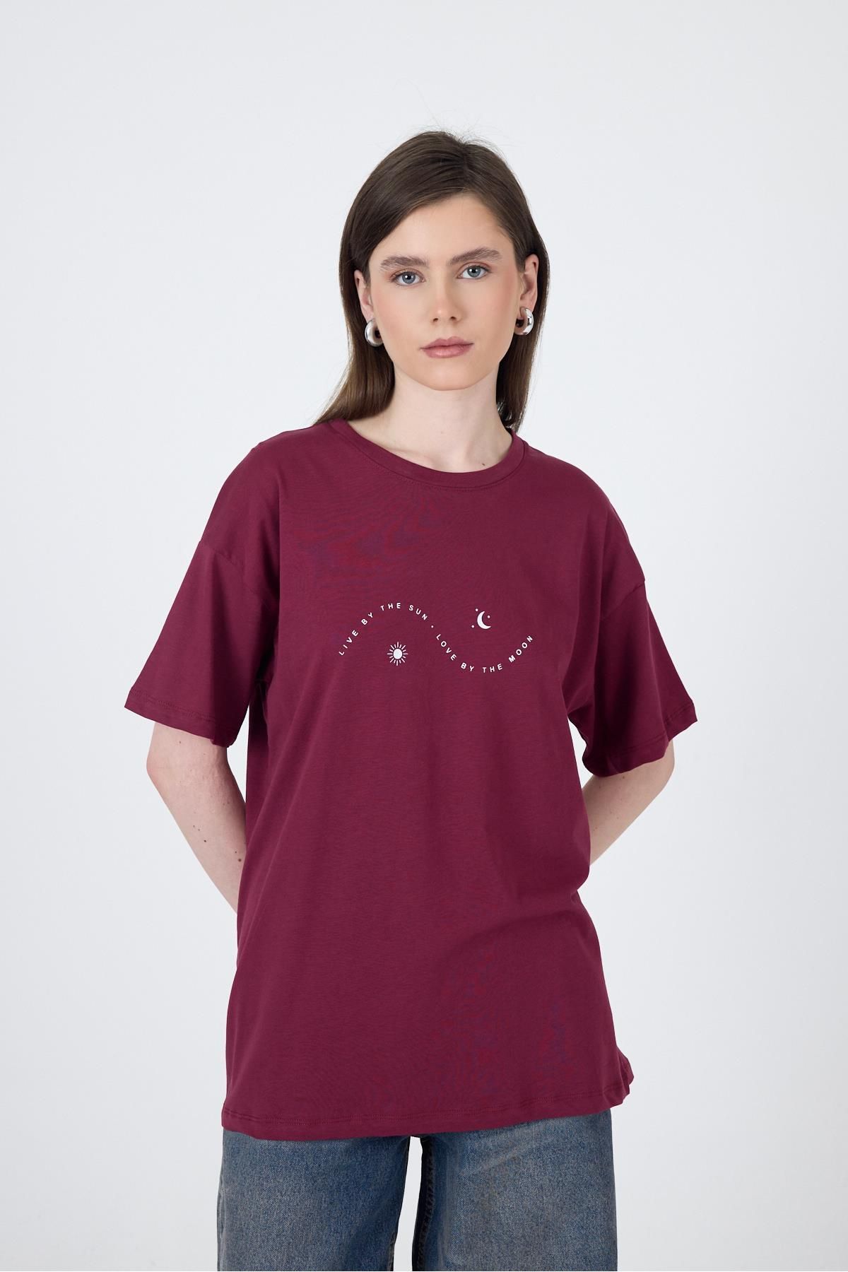 Rays Bordo Yazı Baskılı Oversize Pamuklu Tişört 2150-32M