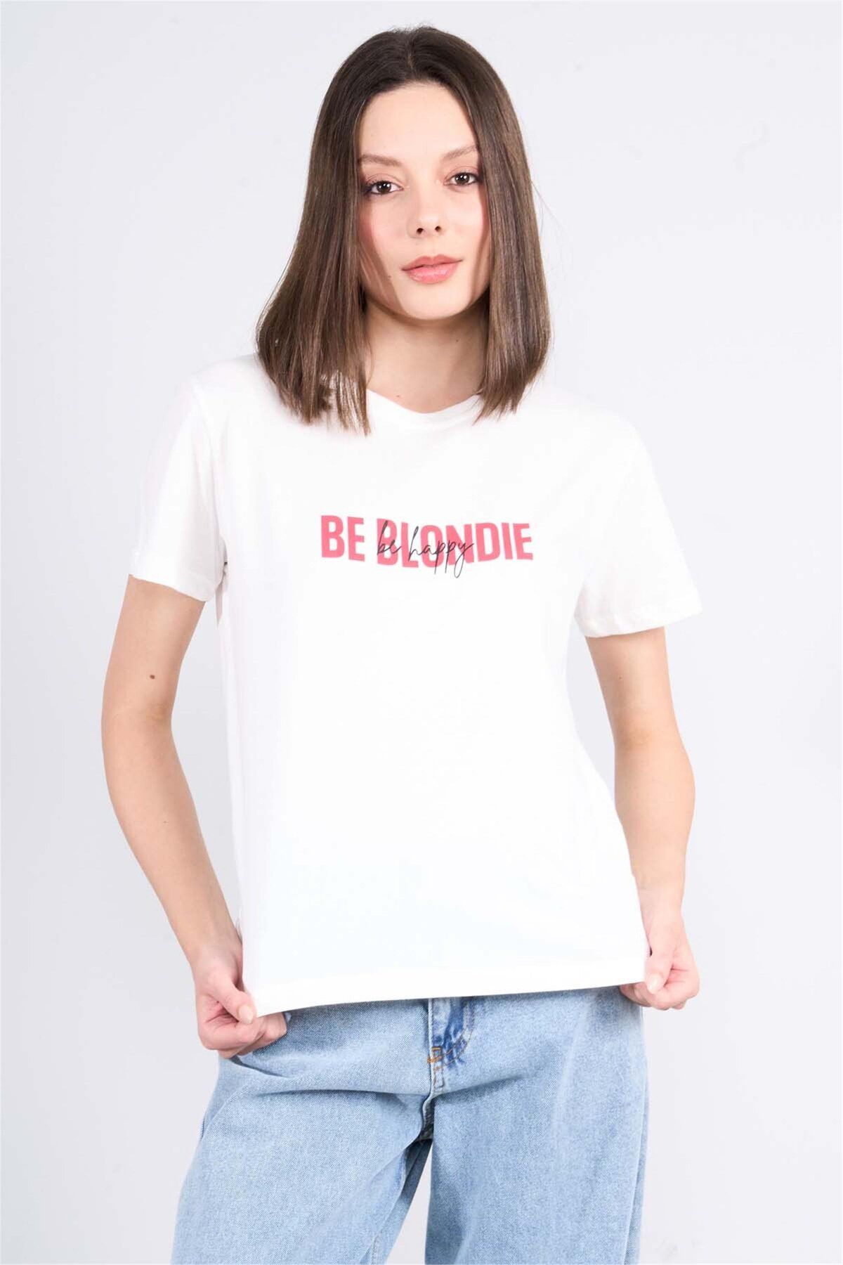 FİTHİT Çetinkaya Fithit 8492 Bisiklet Yaka 30/1 Compact Penye Süprem Baskılı T-shirt Krem