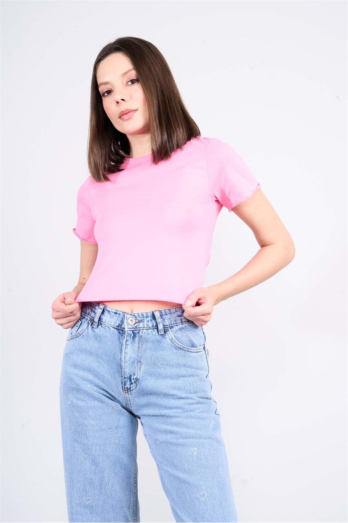 FİTHİT Çetinkaya Fithit 8506 Bisiklet Yaka 30/1 Likralı Süprem Crop T-shirt Pembe