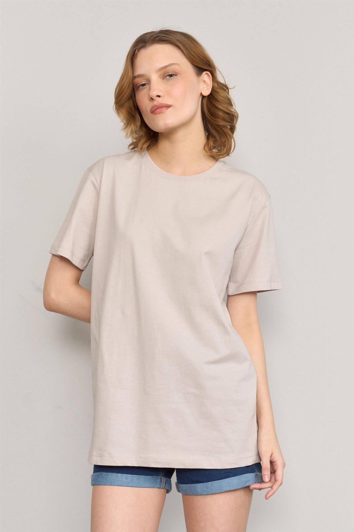 FİTHİT Çetinkaya Fithit 3264 Bisiklet Yaka Basic T-shirt Vizon