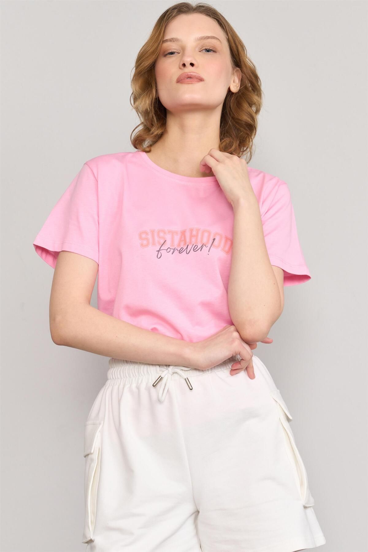 FİTHİT Çetinkaya Fithit 8482 Bisiklet Yaka 30/1 Compact Penye Süprem Baskılı T-shirt Pembe