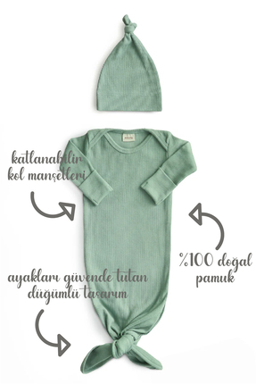 Minuche Fitilli ve Alttan Bağlamalı Bebek Body ve Bere Takım %100 Pamuk - Kol...