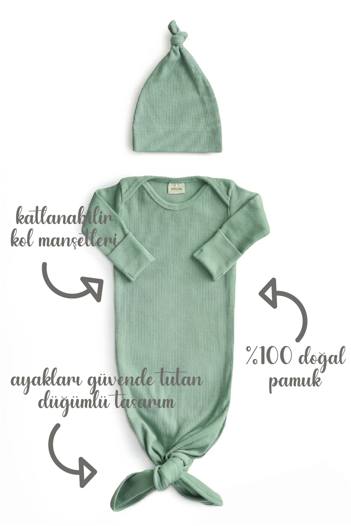 Ribbed and Bottom Tied Baby Bodysuit and Beanie Set 100% Cotton - Easy Pants Design