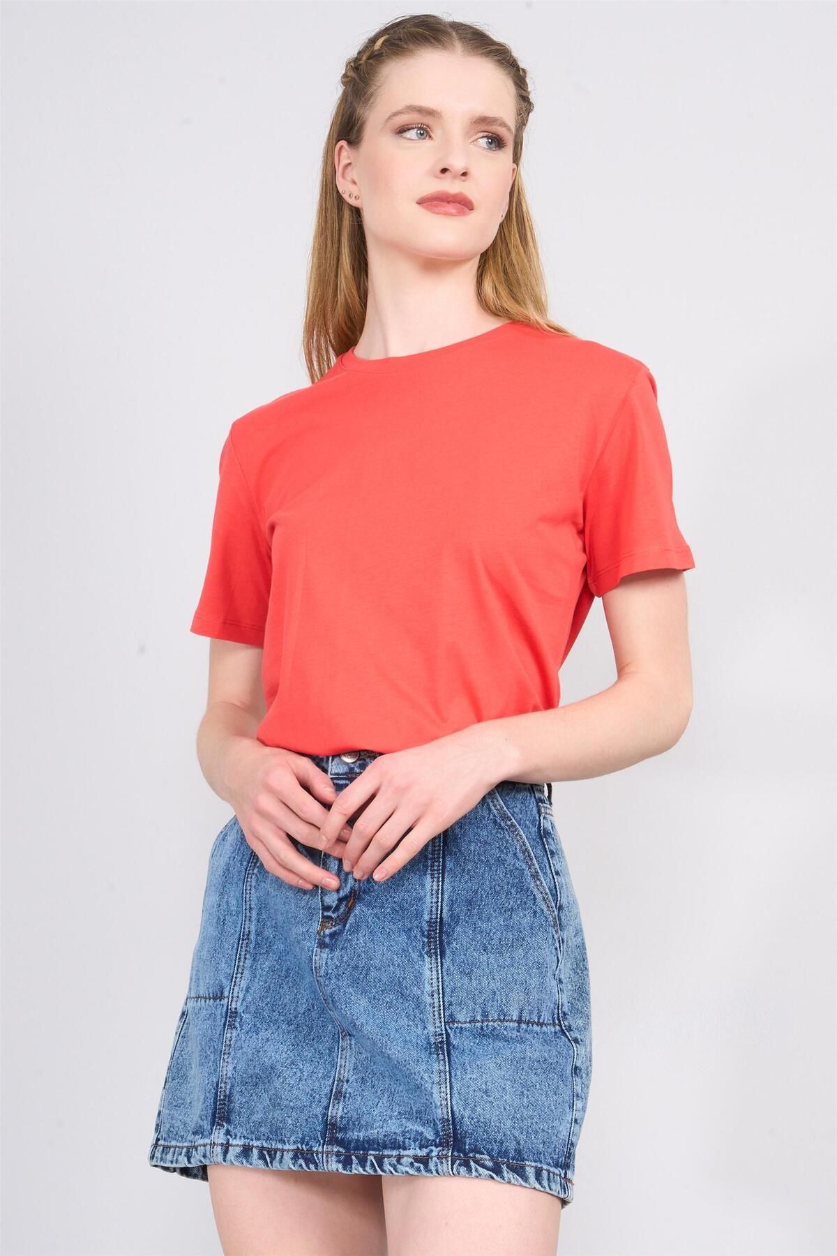 FİTHİT Çetinkaya Fithit 3264 Bisiklet Yaka Basic T-shirt Nar Çiçeği