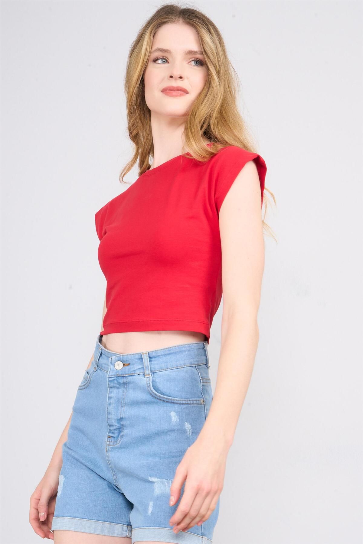 FİTHİT Çetinkaya Fithit 8503 Bisiklet Yaka 30/1 Likralı Süprem Crop T-shirt Kırmızı