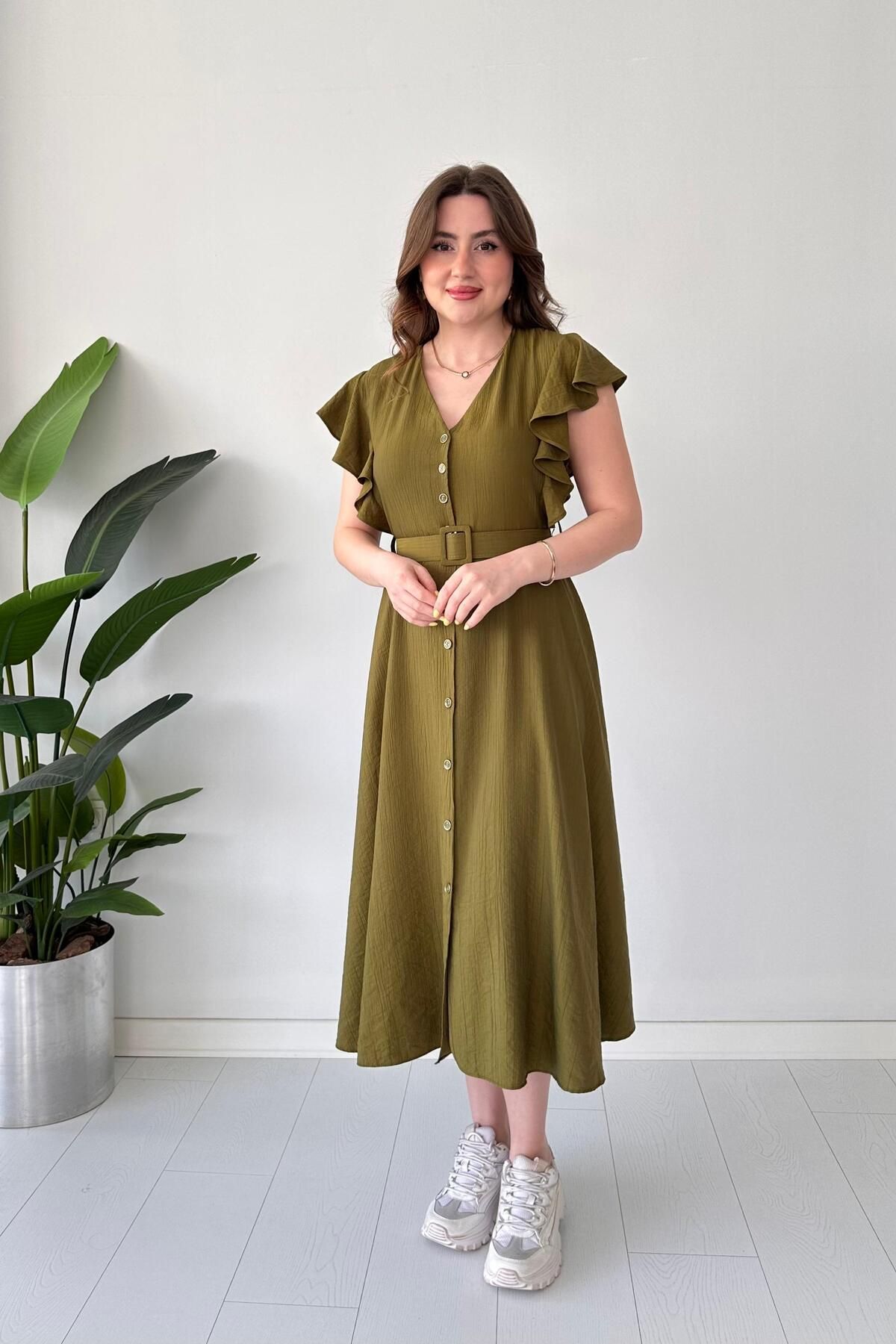 MaziButik Fırfır Kollu Dokulu Elbise Haki