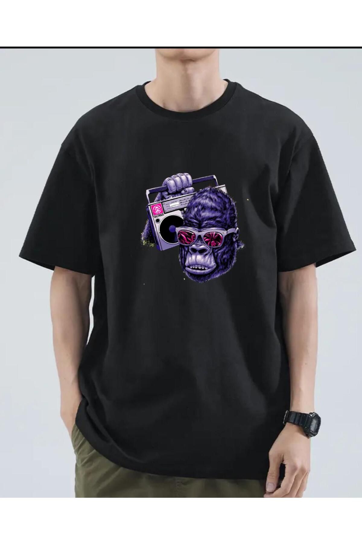 exans moda siyah renkli maymun teyp basklı unisex oversize tshirt