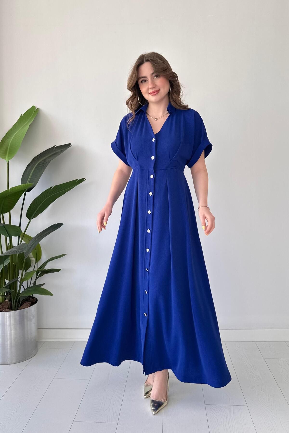 MaziButik Kare Düğmeli Elbise Mavi