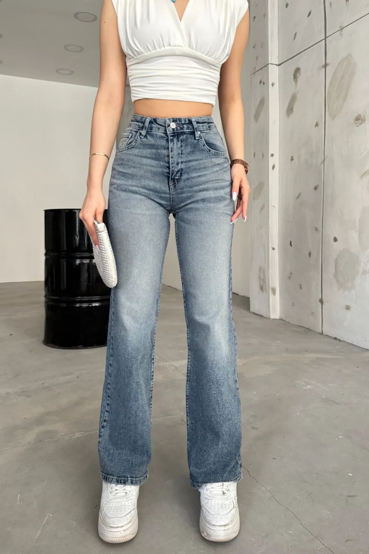 BİKELİFE Kadın Yüksek bel Esnek Soluk Efektli Palazzo Jeans
