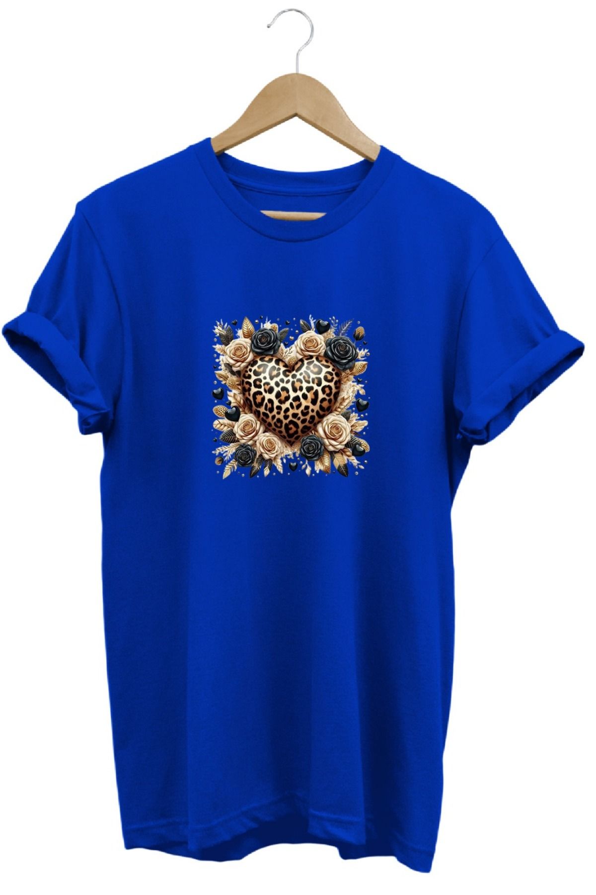 joyyfashion Leopar Kalp Baskılı T-Shirt