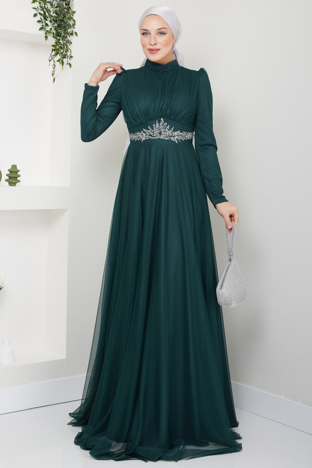DENİMİNİ Beli Aksesuarlı Tül Tesettür Abiye Elbise DNMES08