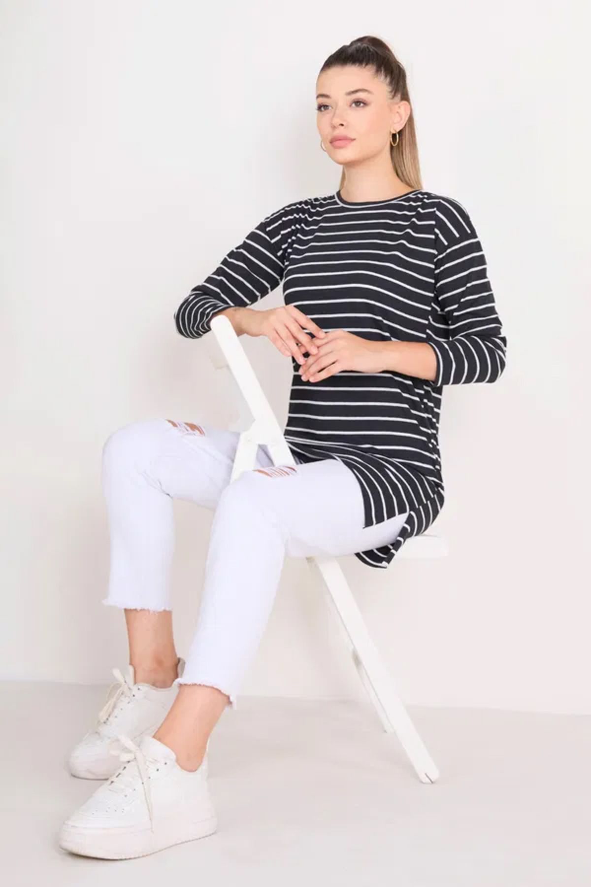 Butik Çizgili Yırtmaçlı Tunik