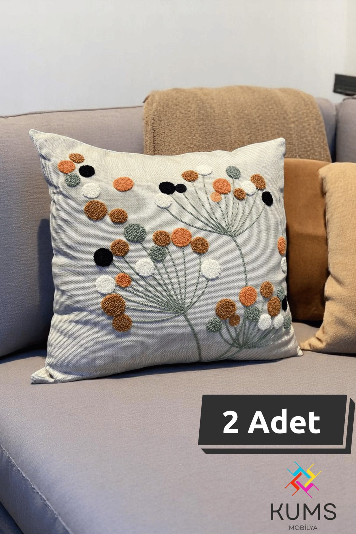 KUMS 2 Adet Kaliteli Nakış Baskılı Kırlent Kılıfı – Sadece Kılıf, 45x45 cm