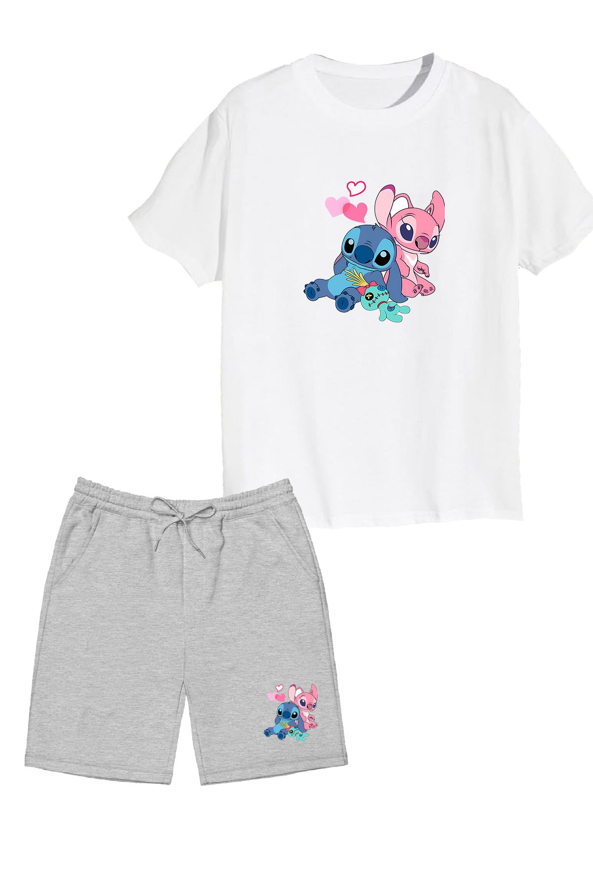 makiteks 2'li Set Baskılı Kız Çocuk Pamuk Şort Tshirt Takım Lilo Stitch 5 6 7 8 9 10 11 12 13 14 yaş Tişört