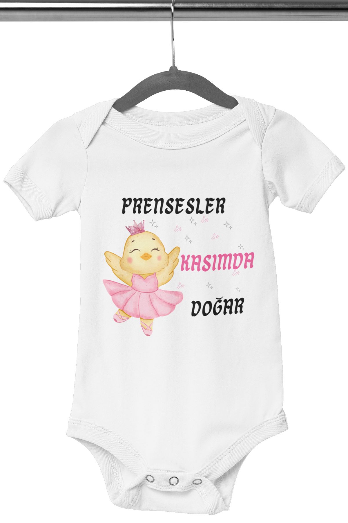 qoeuyl boutique Prensesler Bu Ayda Doğar Baskılı Çıtçıtlı %100 Pamuklu Beyaz Kız Bebek Zıbın Body