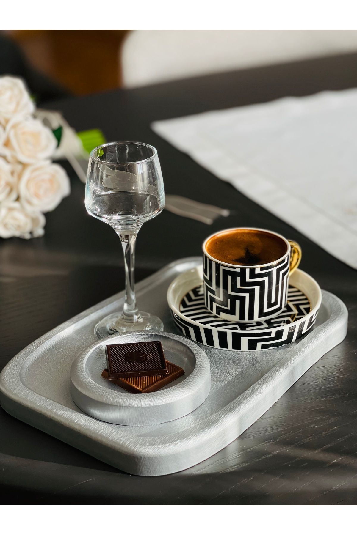 MajesteHome Luna – MDF Minimal Kahve Sunum Tepsisi | Gümüş 25x17- tepsi- kahve - fincan - dekoratif