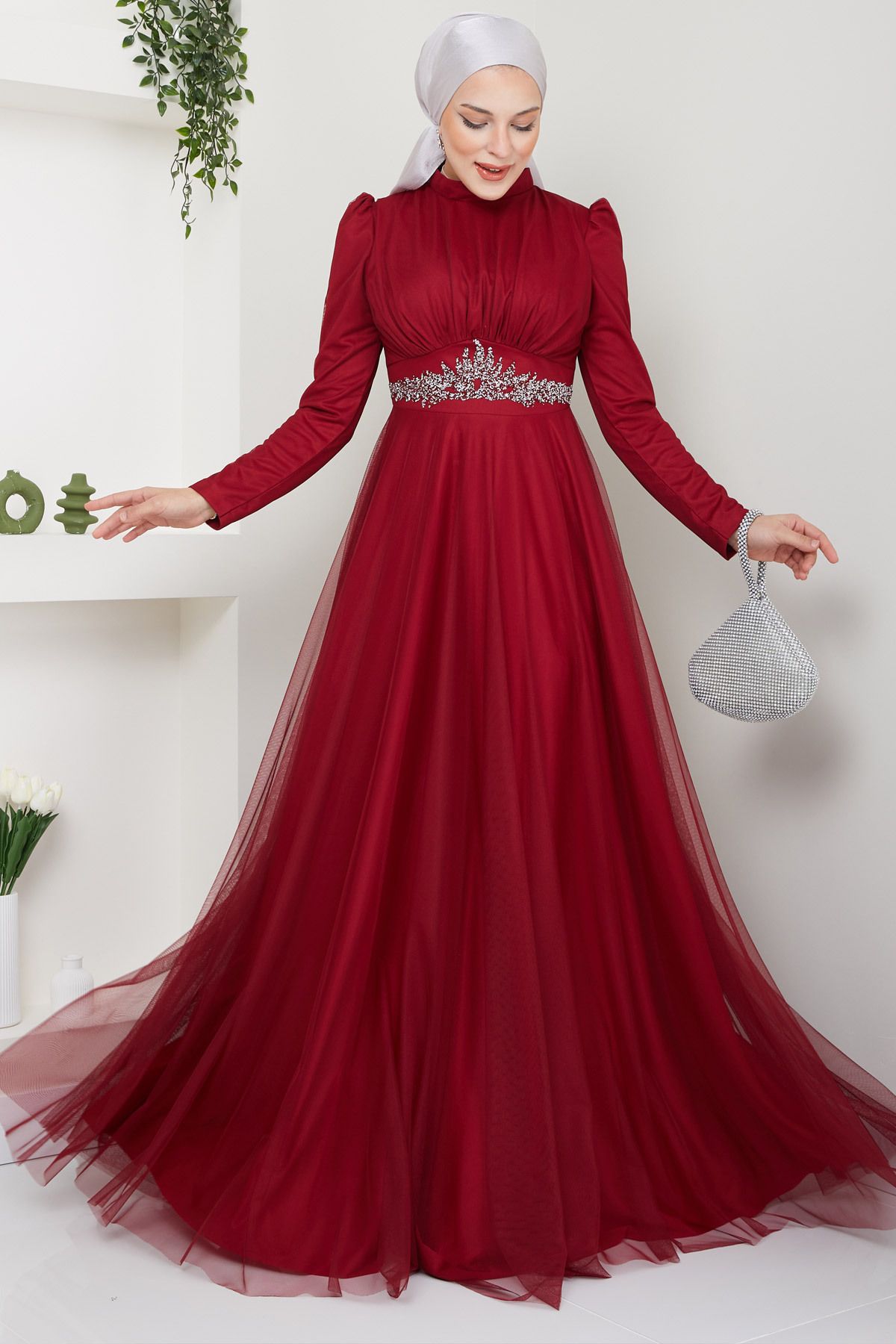 DENİMİNİ Beli Aksesuarlı Tül Tesettür Abiye Elbise DNMES08