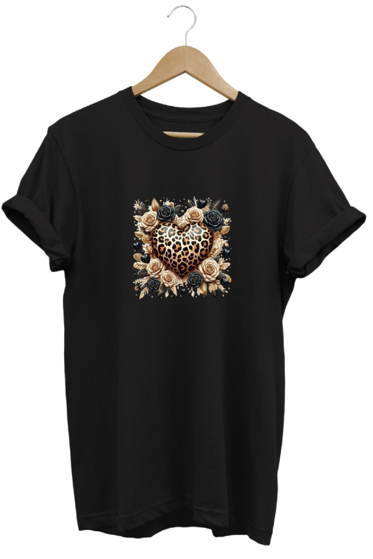 joyyfashion Leopar Kalp Baskılı T-Shirt