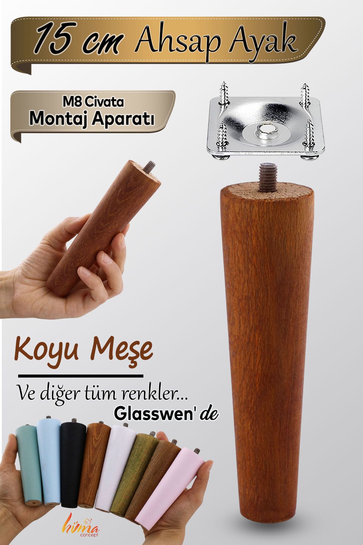 GLASWEN Ahşap Ayak 15 Cm Koyu Meşe M8 Civata Bağlantı Aparatı Dolap Mobilya Koltuk Kanepe Destek Ayağı Ayak