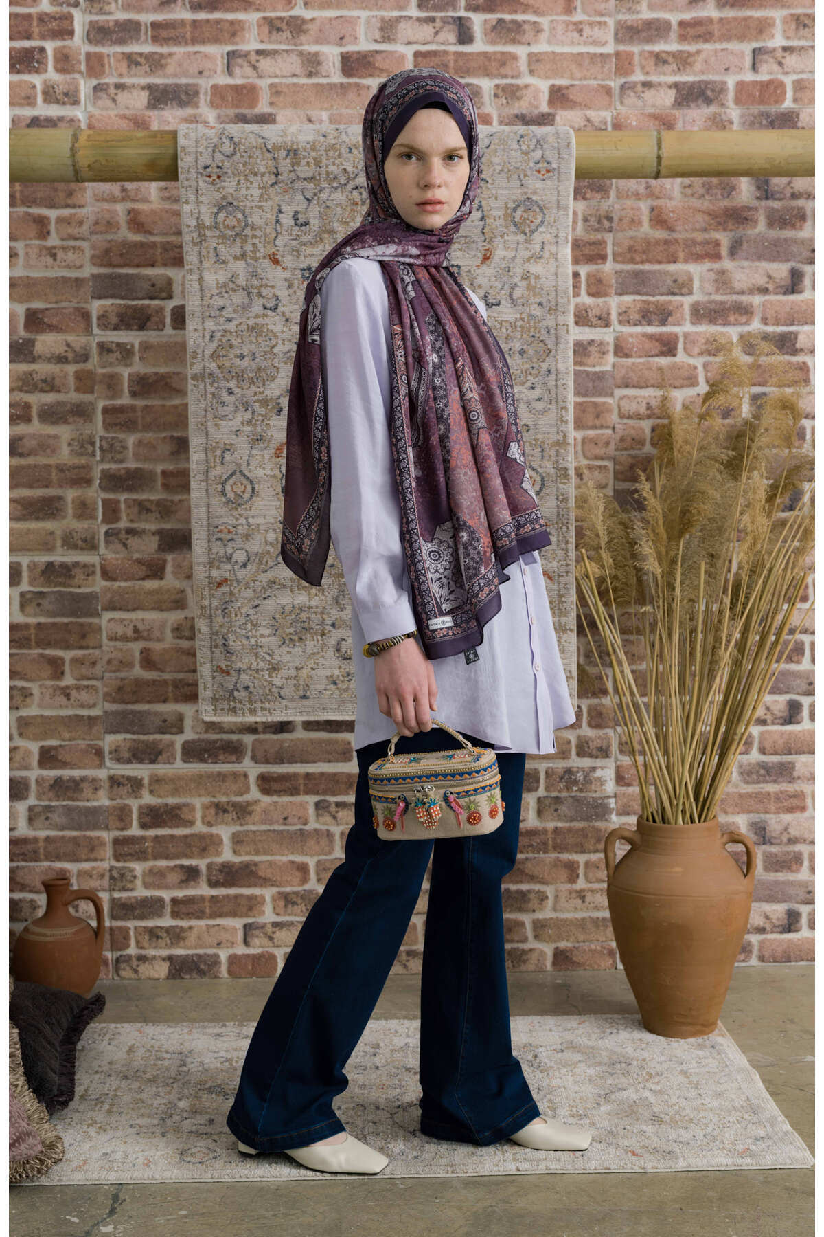 Fatma Atasoy-Glorina Eggplant Purple Ethnic Patterned Shawl 8