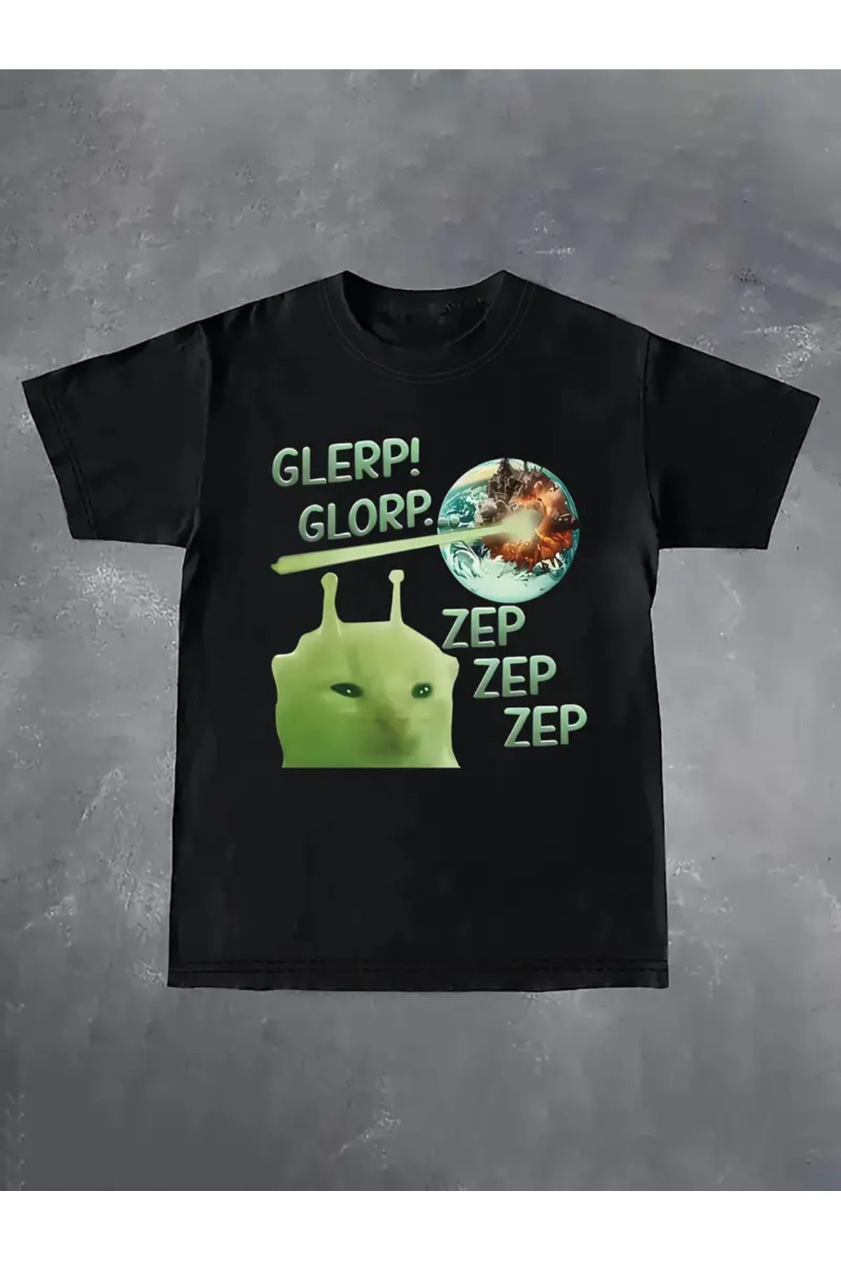 LUNAVISTA Alien Cat Baskılı Bisiklet Yaka Kısa Kol T-shirt