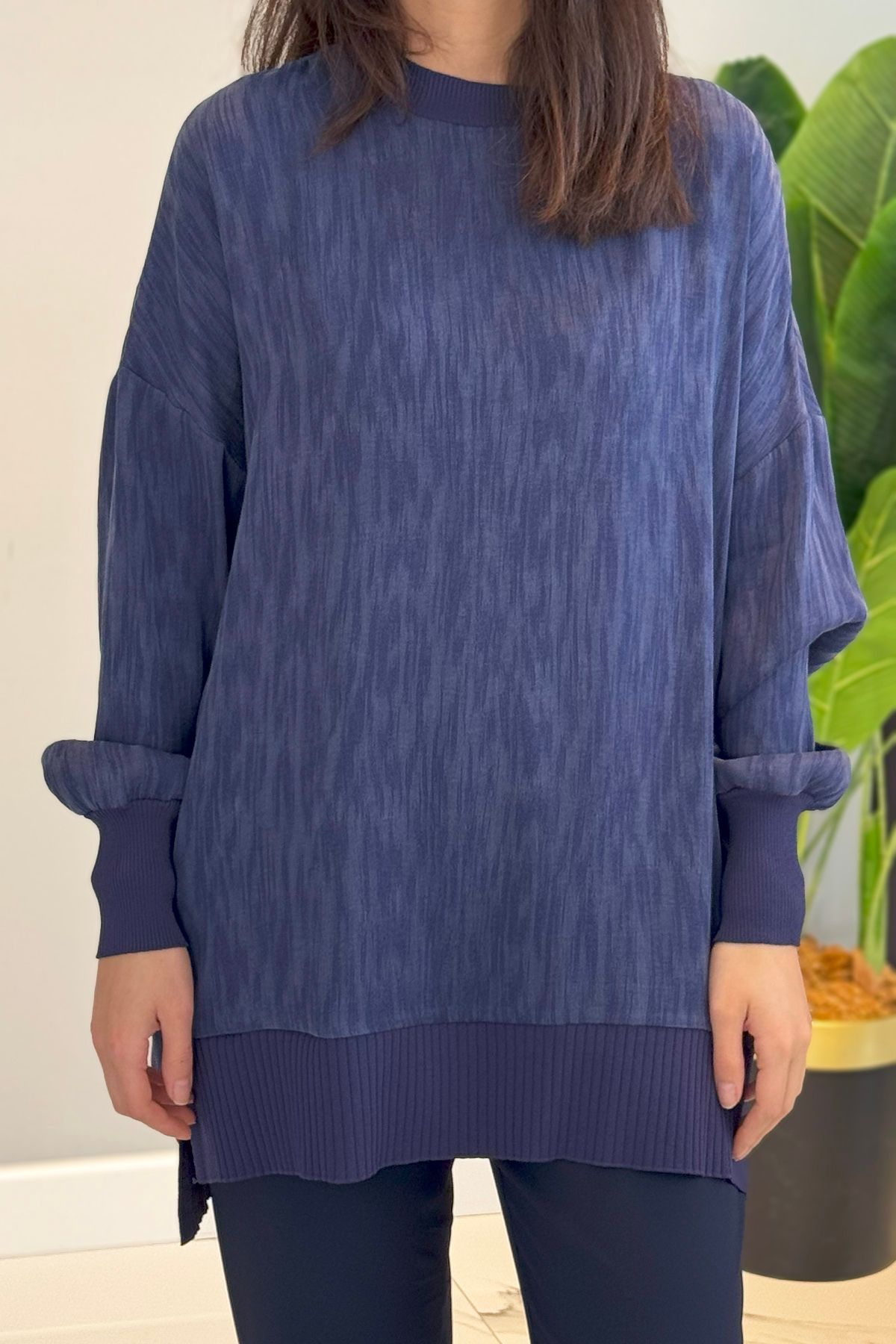 Nuss İpek Saten Desenli Tunik 3009 Lacivert