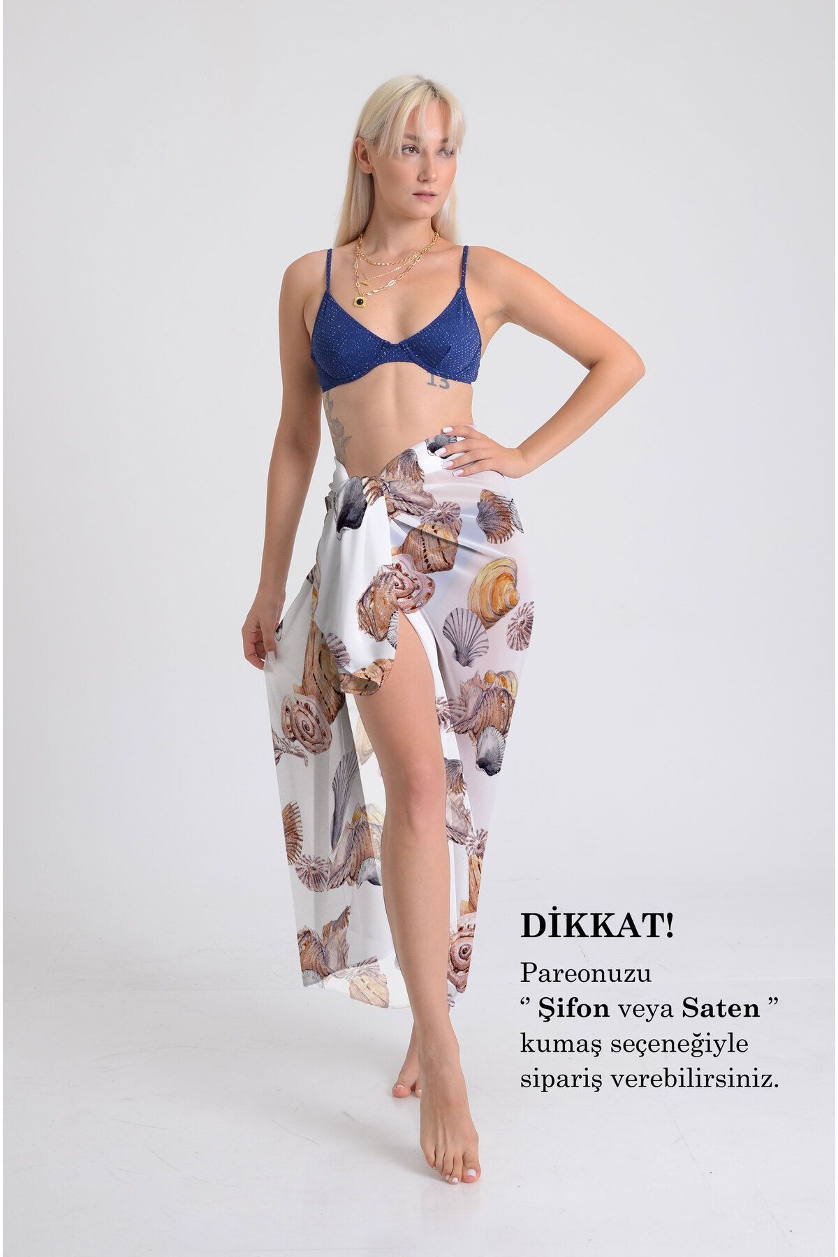 DESENİX Deniz Kabukları Desenli Pareo - 100x145 cm - İpeksi Şifon & Lüks Saten Kumaş Seçeneği- Plaj Elbisesi