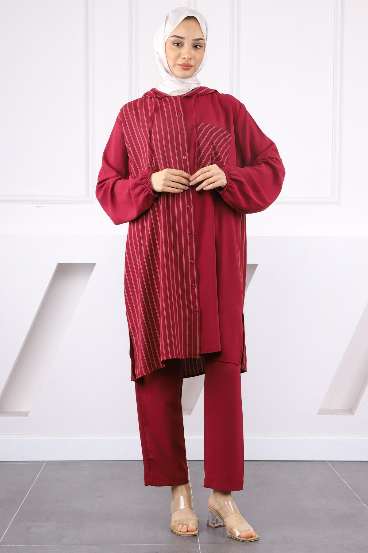 İmajButik Bordo Kapüşonlu Çizgili Tunik Pantolonlu Takım