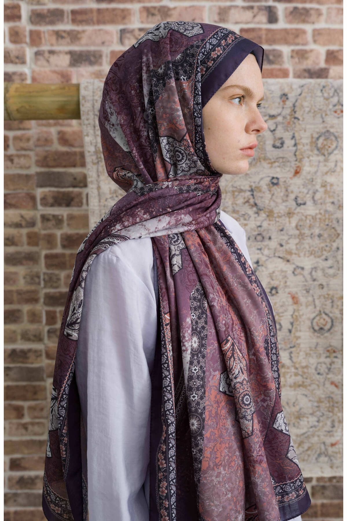 Fatma Atasoy-Glorina Eggplant Purple Ethnic Patterned Shawl 3
