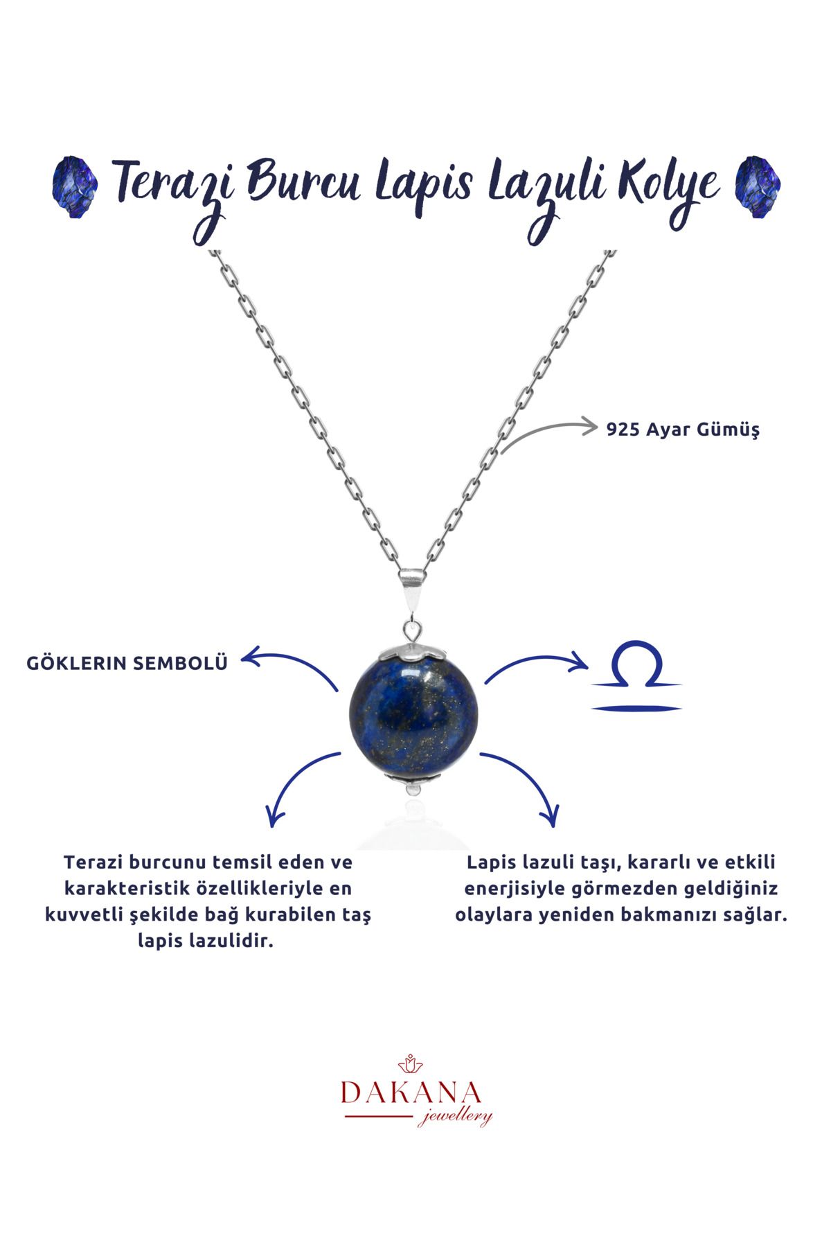DAKANA JEWELLERY Sertifikalı Lapis Lazuli Doğal Taş Terazi Burcu Gümüş Kolye
