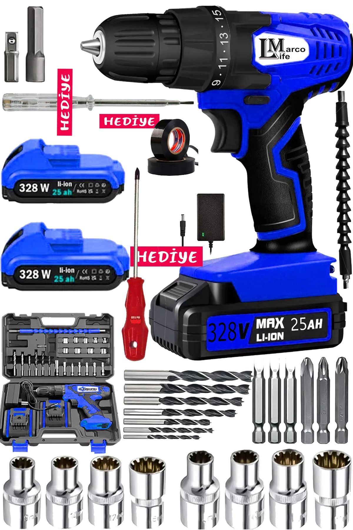MARCO LİFE Alman Linde Seri 328-li Çift Akülü Darbeli 27pcs Set Hediyeli Delme Vidalama Şarjlı Matkap