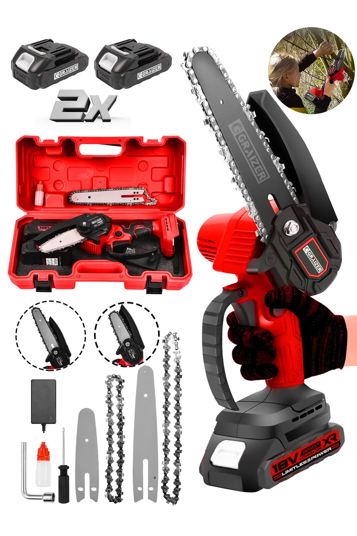 Graizer Powerforge Profesyonel Metal Dişli 18v 1.5ah Şarjlı Dal Budama Testeresi-Kırmızı
