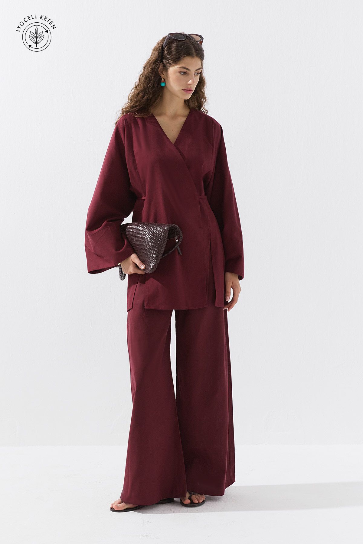 Hooopstore Lyocell Keten Bağcık Detaylı Bordo Kimono