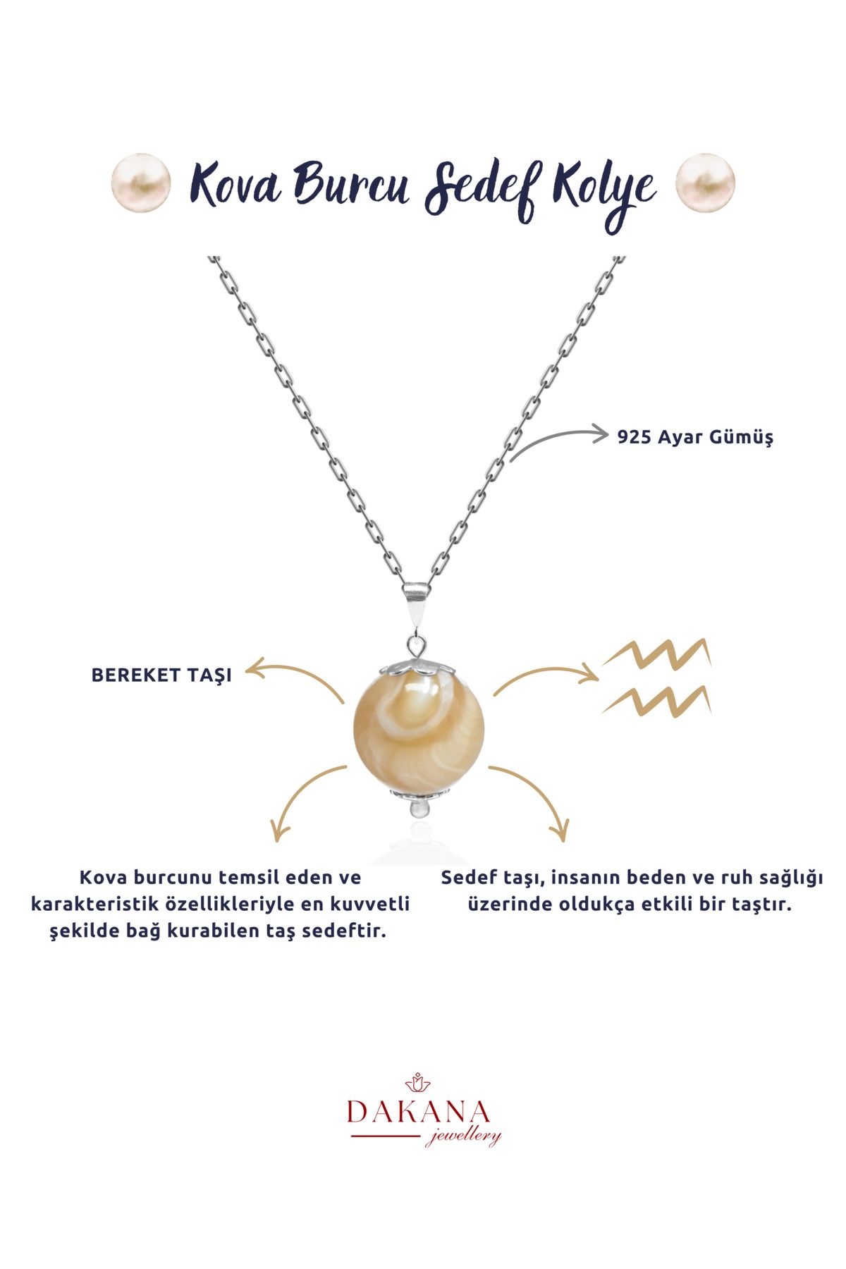 DAKANA JEWELLERY Sertifikalı Doğal Taş Kova Burcu Gümüş Kolye