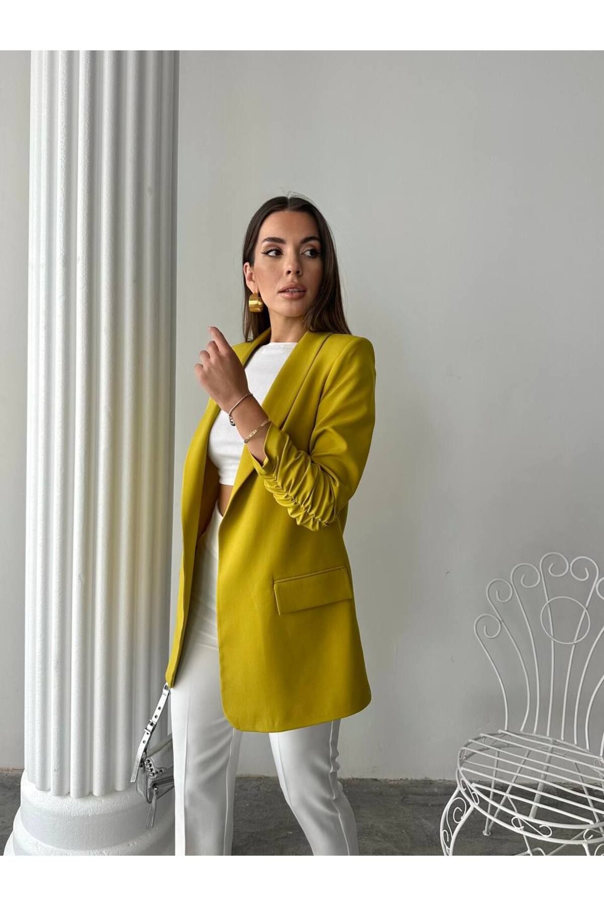 ENZOI Reguler Astarlı Kolu Büzgülü Blazer Ceket
