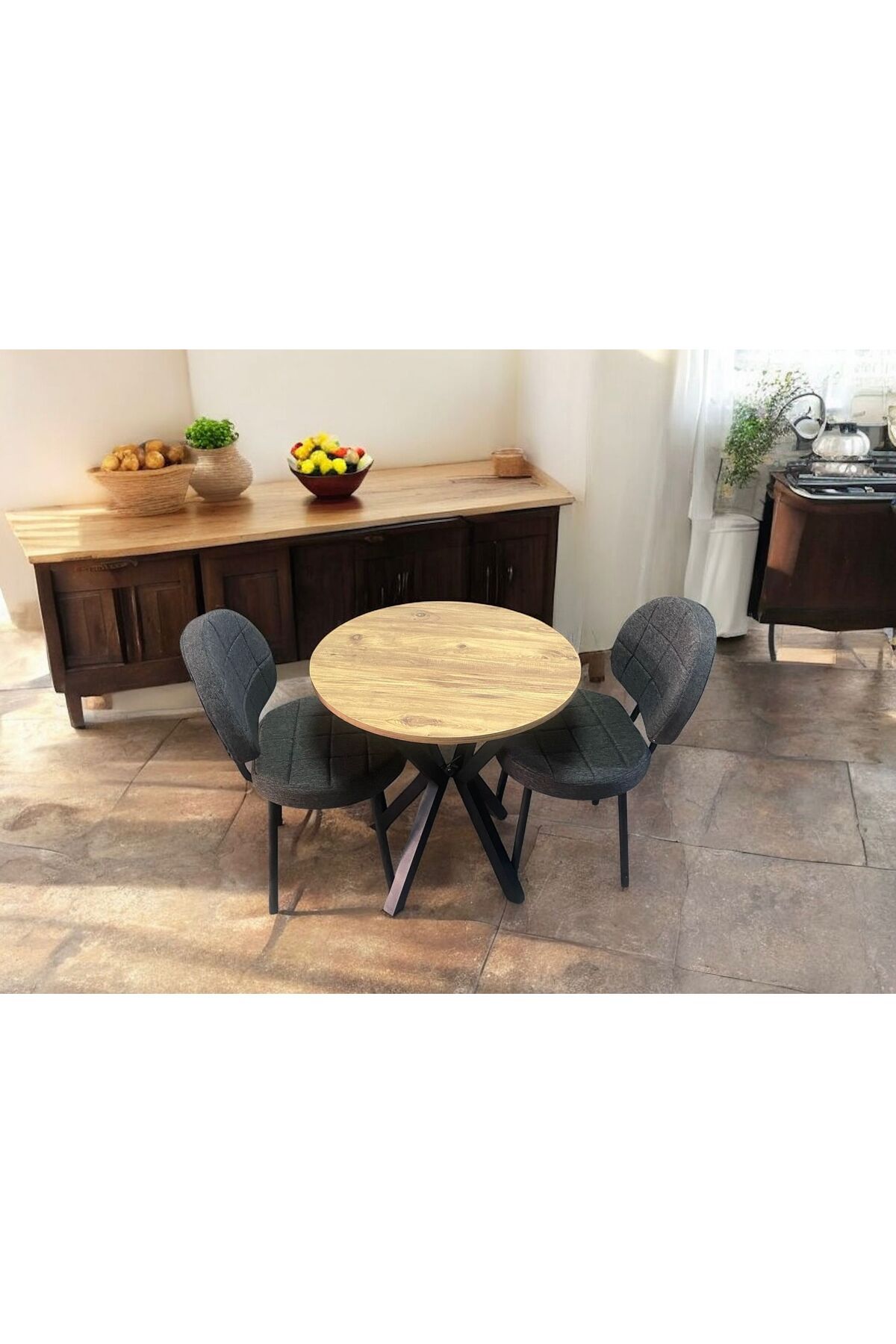 BAMBEDS MOBİLYA Bambeds Mobilya 70x70 Çam Yuvarlak Balkon Masa Ahtapot Ayak Armut Keten Sandalye 2 Adet