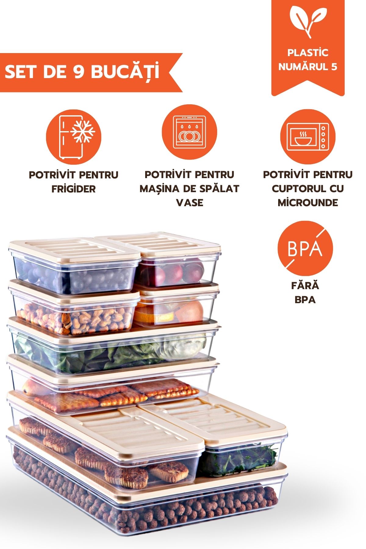 Ginza Maison-Freshbox Food Set, 9 Boxes With Cream Lids (4X600 ML, 2X1170 ML, 2X2000 ML, 1X2400 ML) 1