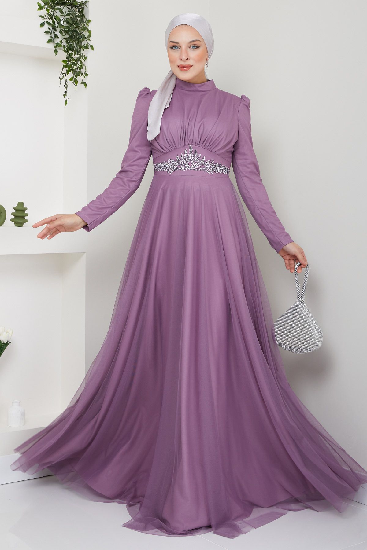 DENİMİNİ Beli Aksesuarlı Tül Tesettür Abiye Elbise DNMES08