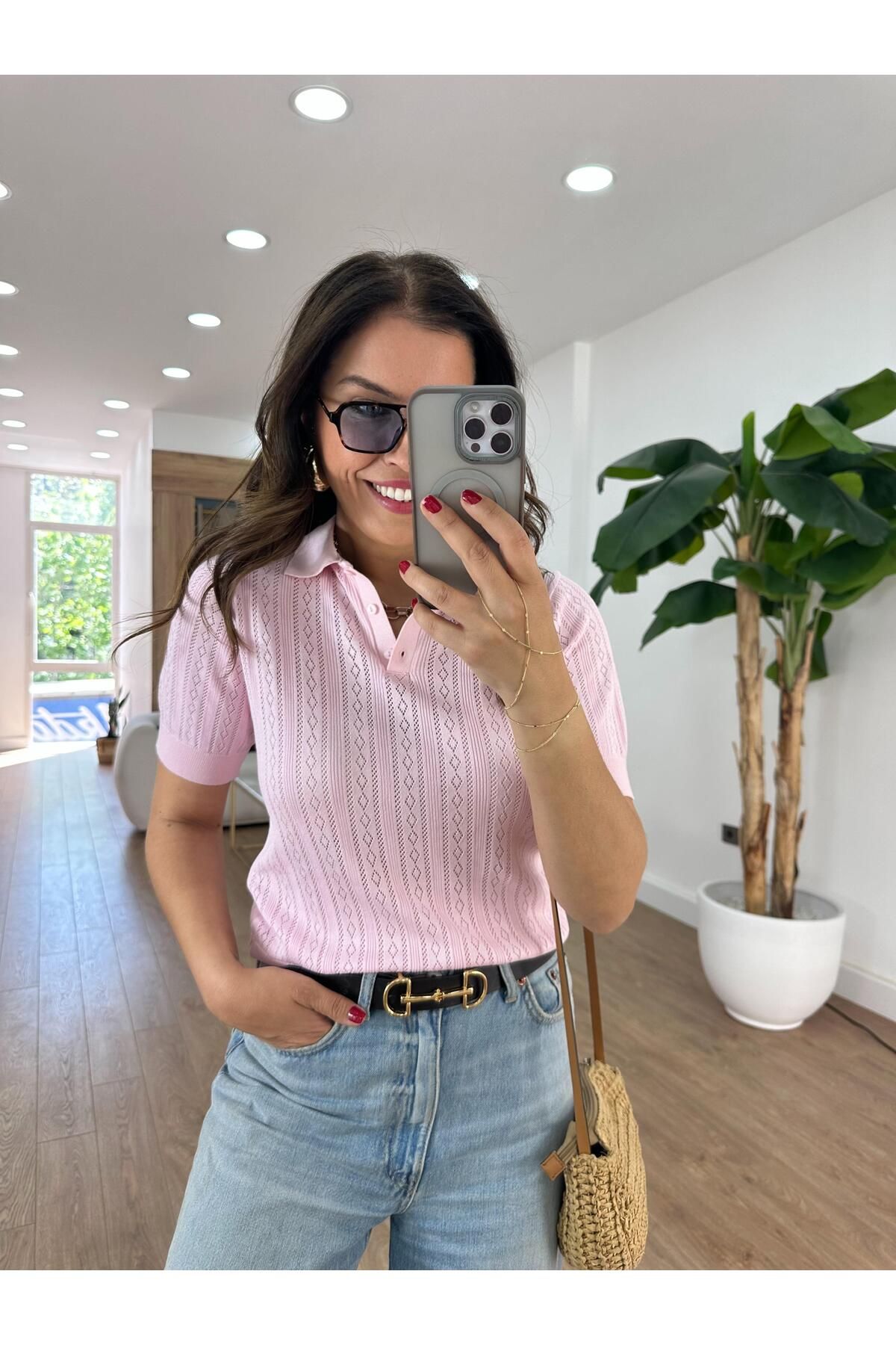 2she Polo Yaka Kendinden Desenli Bluz - Pembe