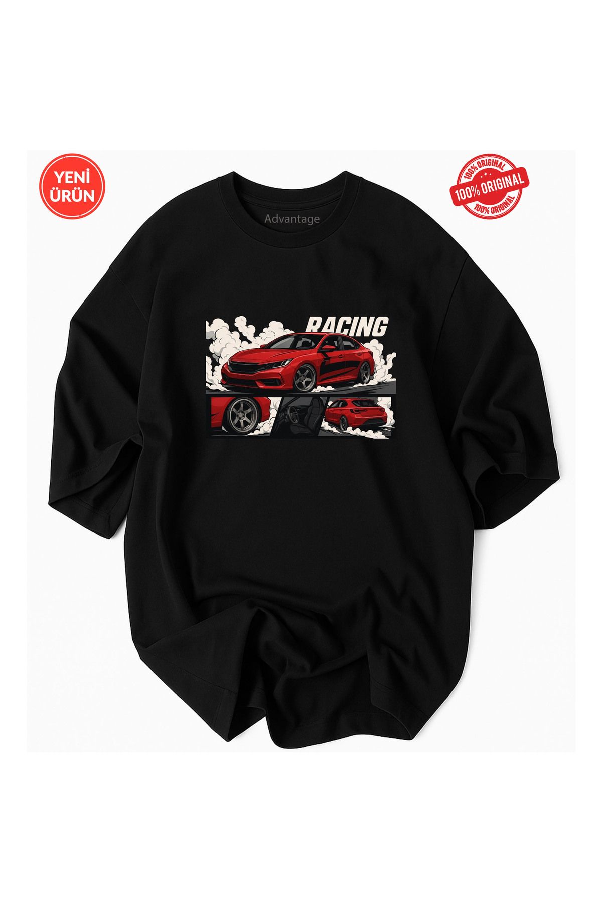 Advantage Kırmızı Spor Araba Detaylı JDM Racıng Baskılı Oversize %100 Pamuk Premium T-Shirt