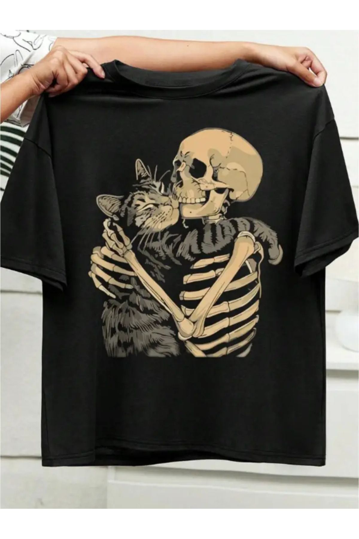 LUNAVISTA Sceleton Cat Baskılı Bisiklet Yaka Kısa Kol T-shirt