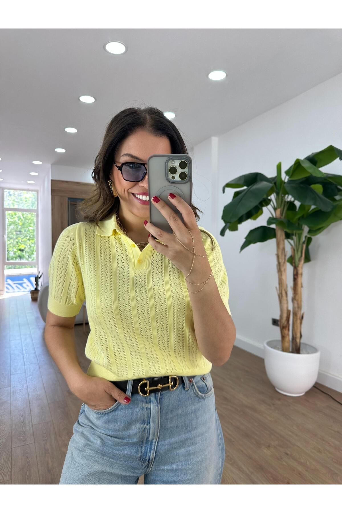 2she Polo Yaka Kendinden Desenli Bluz - Sarı