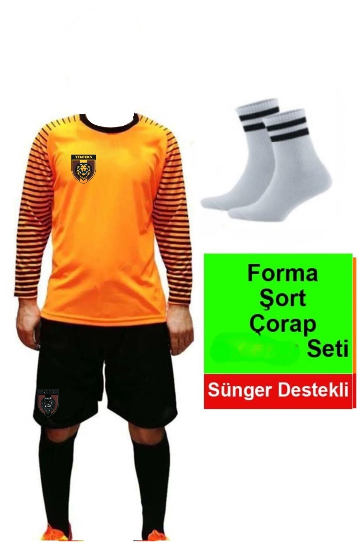 yenteks Çocuk Neon Turuncu Dirsek Sünger Destekli Kaleci Forması 4'lü Set Çorap+Bileklik Hediyeli